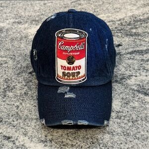 New Custom Designed Blue Distressed Baseball Cap with Warhol Campbell Soup
